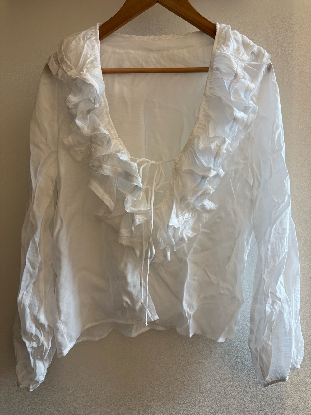 White Ruffle Front Tie Women's Blouse size Small